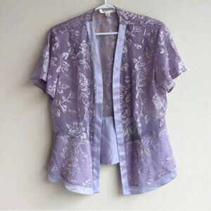 Vintage satin lilac purple semi sheer floral open short sleeve blouse
